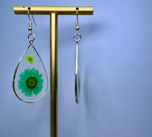 Tear Drop Resin Green Flower Earrings